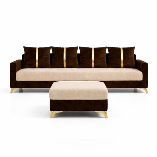 Image of Caviar 5 Seater L Shape Sofa Set with Movable Ottoman | Flexible Layout | Luxury Velvet Suede Fabric | Modern Living Room Sofa | Dark Brown-Cream