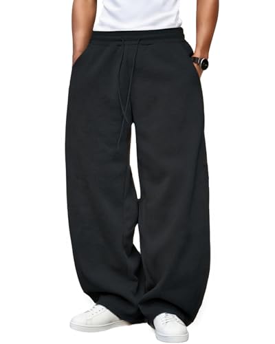 LuminBlaze Men’s Baggy Sweatpants Fleece Wide Leg with Elastic Drawstring Waist, Casual Loose Lounge Joggers Black