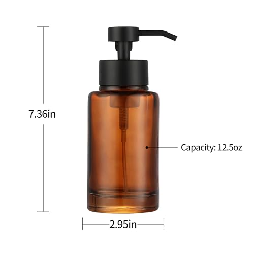 Image of H Halston Amber Glass Foaming Soap Pump Dispenser, Foaming Soap or Liquid handoap compatable, Refillable, for Bathroom or Kitchen Countertop, Bathroom, Home Decor, Amber with Matte Black Pump top