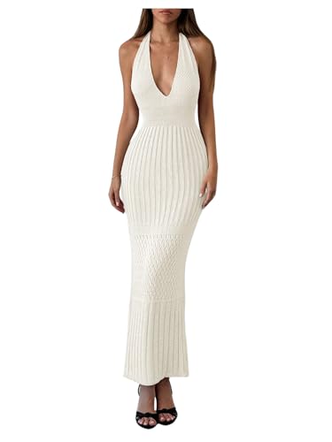 Image of GORGLITTER Women's Crochet Dress Halter Backless Bodycon Deep V Neck Long Knit Maxi Dresses Summer Beach Outfits 2026