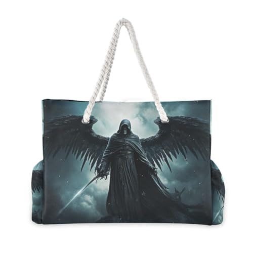 Grim Reaper Angel Death Beach Bag for Women Large Beach Tote Bag with Zipper for Travel Vacation