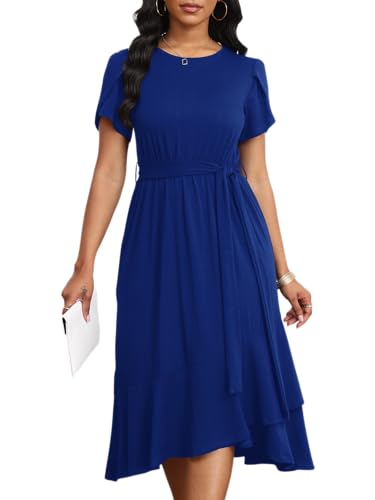 Image of PerZeal Women's Summer Dress Casual Ruffle Sleeve Crewneck A-Line Tiered Flowy Short Sleeve Long Dress with Belt