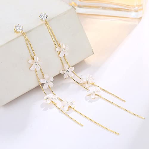 Unique Chic Long Tassel Chain Flower Drop Earrings 925 Silver Needle Post Back Linear Dangle Dainty Floral Long White Jewelry Gifts4