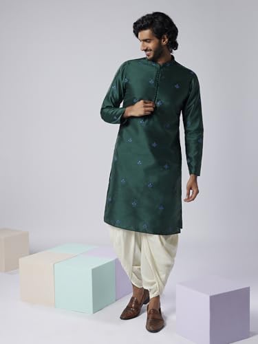 Image of KISAH Men's Kurta, Green Art Silk, Embroidered Long Sleeves Mandarin Collar Regular Fit (S)