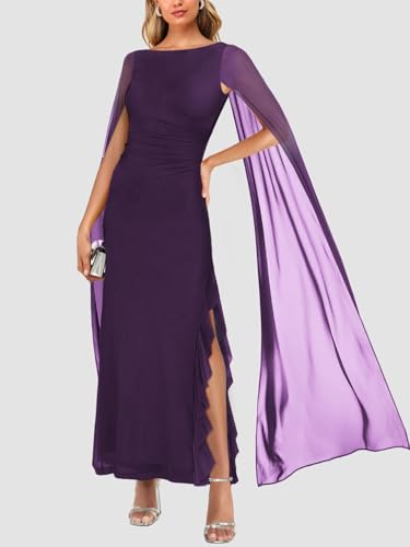 Lrady Women's Formal Evening Gowns High Split Ruffle Wedding Guest Cape Sleeve Cocktail Party Maxi Dresses, Purple, XX-Large3