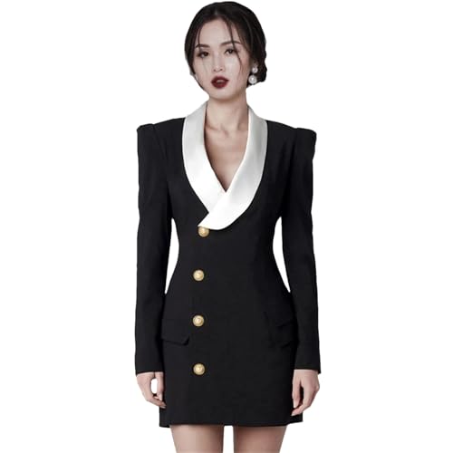 Women Spring Notched Collar Bodycon Runway Style Mini Dress Patchwork Single Breasted OL Dress