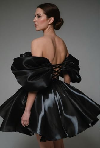 Off Shoulder Short Puffy Homecoming Dress for Teens Satin Ruffles Mini Cocktail Party Ball Gowns with Pockets LB1792