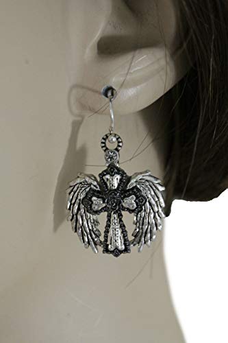 Tfj Women Fashion Hook Earrings Set Mini Silver Angel Wings Metal Black Cross Charm #TOP1