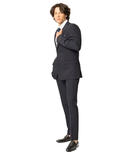 Slim Fit Men Suit Stretchy Spandex Peak Lapel 2 Button Flat Front Pants 9936 (US, Numeric, 38, Short, Navy Blue)4