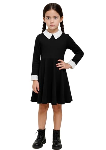 Vestido negro para niña manga larga clásico con cuello Peter Pan miniatura 1