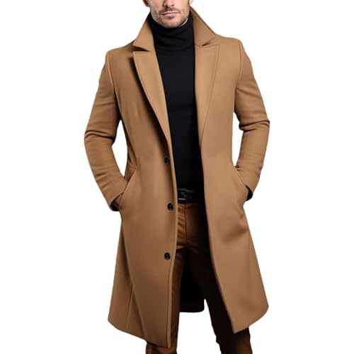 Winter Warm Trench Coat for Men Fit Notched Collar Long Jacket Overcoat Single Breasted Pea Coat Elegant Windbreaker