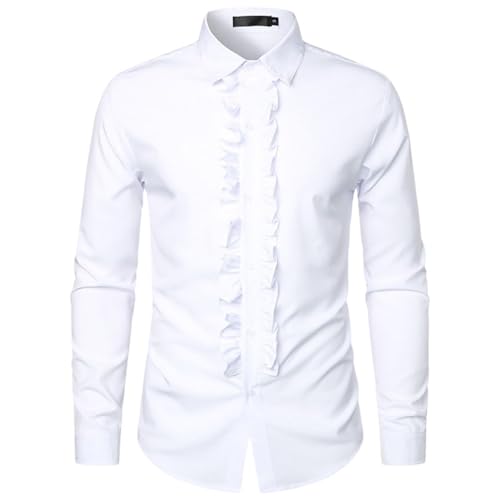 Kinkia Mens Tuxedo Shirts Slim Fit Long Sleeve Button Down Pleated Dress Shirt Tops for Prom Party Wedding(KK0026-White01-2XL)