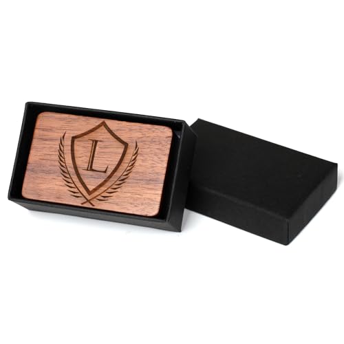Image of Mens Initial Cufflinks and Tie Clip A-Z Alphabet Letter Black Stainless Cuff Links Tie Bar with Engraved Walnut Wood Box Groom Groomsman Wedding Set