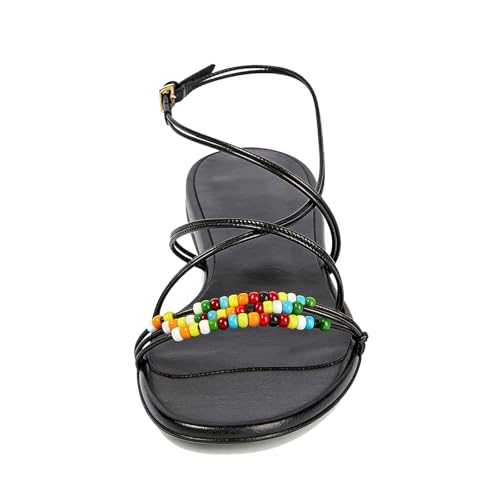 Image of Beaded Strappy Flat Sandals for Women Bohemian Sandals Open Toe Slingback Flats Vacation Beach Casual Daily Dressy Summer Shoes
