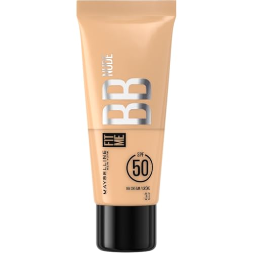 Maybelline New York BB Cream SPF50, Pelle Uniforme, Idratata e Protetta, Arricchita con Pigmenti Che si Uniformano all'Incarnato, Con il 90% di Ingredienti Skincare, Fit Me BB Nude, Tonalità: 30, 30ml
