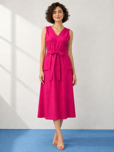 Image of PURVAJA Women's Fit & Flared Midi Length Sleeveless V-Neck Solid Dress
