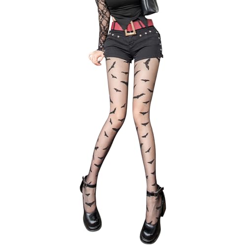 Damen Strumpfhose Fledermaus Transparent Muster Netz Leggings für Frauen Sexy Fledermaus Leggings Strümpfe Halloween Kostüm (DE/NL/SE/PL Alphanumerisch Einheitsgröße Regular Regular Schwarz)