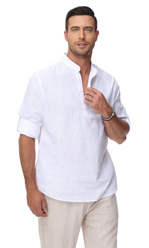 Cotton Linen Shirts for Men Lightweight Casual Long Sleeve Henley Beach Hawaiian Tops4