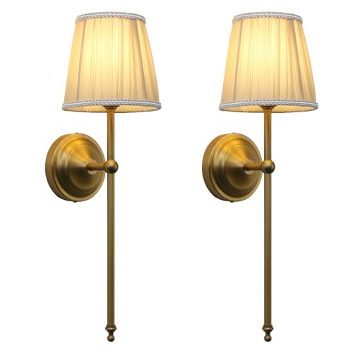Image of Phansthy Hardwired Brass Boho Wall Sconces Set of 2, Vintage Industrial Wall Lights 2 Pack, Vanity Light Wall Lamps with Lace Gauze Shade for Bedroom Living Room Hallway Decor (Antique + Khaki Shade)