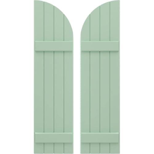 14"W x 41"H Americraft Four Board (2 Batten) Joined Exterior Real Wood Joined Board-n-Batten Shutters w/Arch Top (Per Pair), Seaglass