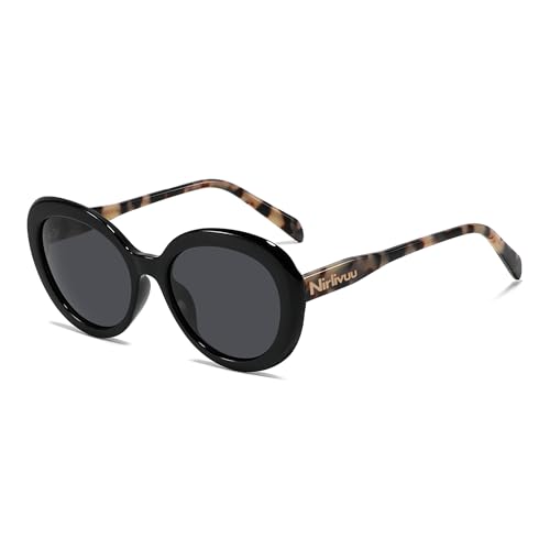 Nirlivuu Gafas De Sol Polarizadas Para Mujer, Estampado Animal, Ojo De Gato, Retro, Redondas - Negro Carey