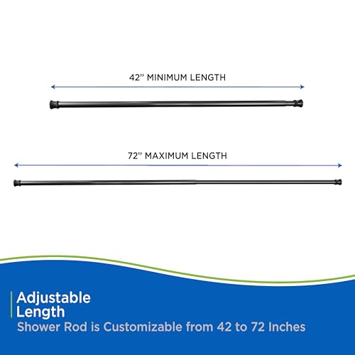 Kenney KN609C/5 Twist & Fit No Tools Camlock Tension Easy Install Shower Curtain Rod with Non-Slip, Non-Scratch Ends, 42-72\" Adjustable Length, Black, 1\" Diameter Rust Resistant Steel Tube