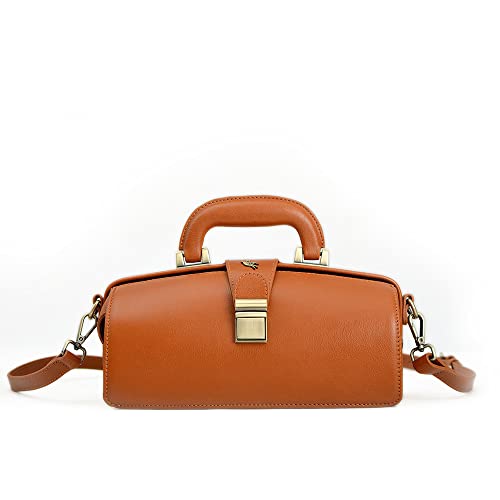 Image of genuine leather handbag cowhide doctor bag brown shoulder bag buckle women's bag