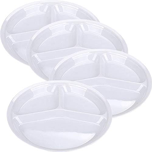 AIYoo Reusable Dinner Plates, 4 Pack BPA Free 10.25'' Plastic Divided Plates for Adults / Kids Camping Plate with 3-Compartment White Dinner Plates with Dividers Dishwasher Safe
