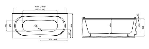 VBChome Badewanne 180x80 cm Acryl SET 3in1 Wannenträger Siphon Wanne Rechteck Weiß Classic Styroporträger Ablaufgarnitur in Chrom Viega Simplex für 2 Personen (180x80)