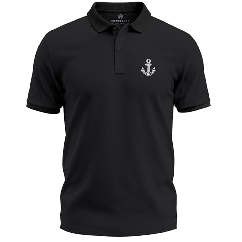 Neverless® Poloshirt Herren mit Grafik Print – Kurzarm Polo Sommer Maritimes Anker Design Modern Fit Fashion Schwarz 5XL