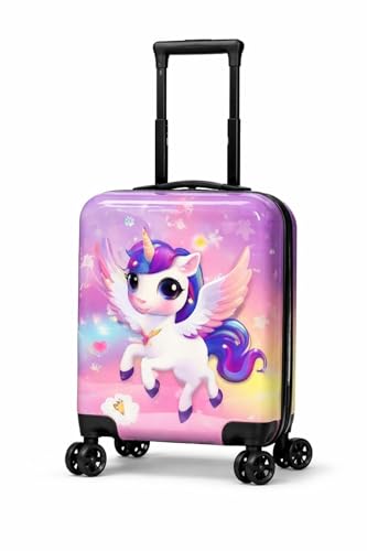 Image of Kids Carry On Luggage with Wheels 18 Inch Hard Shell Suitcase for Boys and Girls | Rolling Travel Bag with Retractable Handle and Spinner Wheels for Trips (Pink Unicorn)
