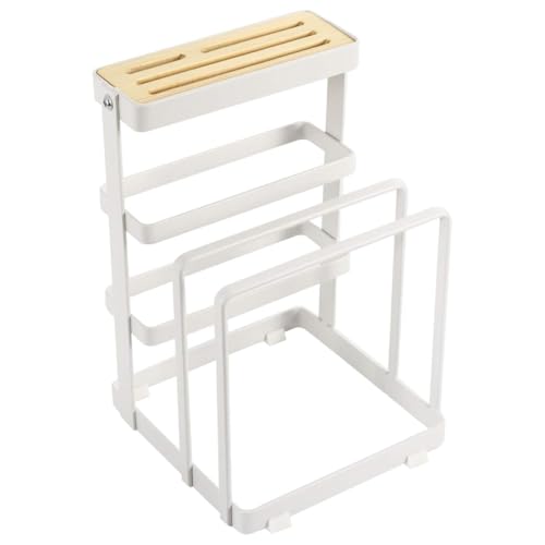 AIMALL Japanese-Style Multifunctional Kitchen Storage Rack 8.4x5.5x5.7in Iron and Bamboo Knife Holder, Cutting Board and Pot Lid Organiser Stand