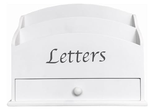 GreyZouq Wooden Letter Rack. Home office, study, hallway study. Two compartments for letters and handy drawer for stationary storage. Vintage/contemporary Letters text (white script)