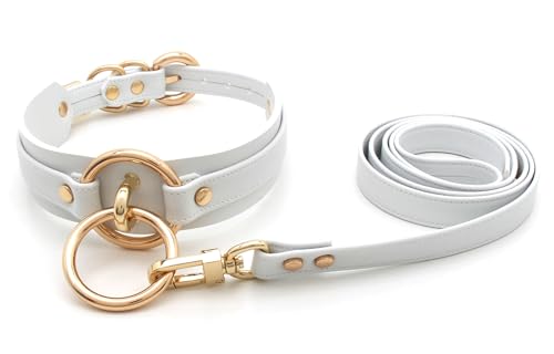 lalatia Damen Halsband O Ring Kunstleder Choker Halskette (Weiß Gold mit Leine)