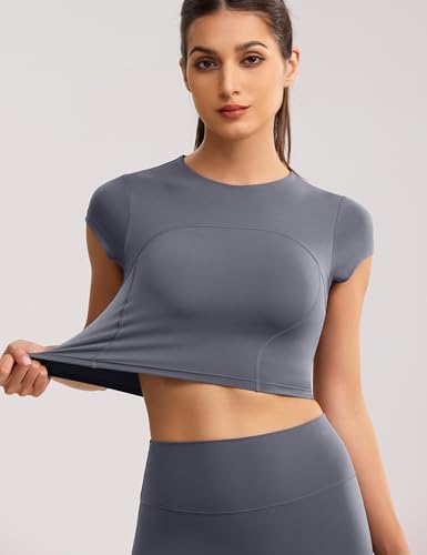 Image of ENERBLOOM Workout Crop Tops for Women Yoga Short Sleeve Removable Bra | Slim Fit, Mild Support, Crop T-Shirt, Mock Neck, Soft Comfort, High-Stretch, for Yoga,Gym & Daily Wear