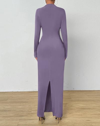 Image of BTFBM Women Bodycon Maxi Dress Long Sleeve Back Slit Ruched Elegant Party Cocktail Formal Fall Wedding Guest Dresses
