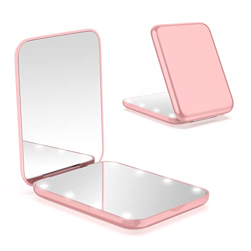 WOBSION LED Spiegel mit 1X / 3X Vergrößerung,Kleiner Reisespiegel mit Licht für Beleuchtung,Batteriebetrieben Taschenspiegel für Reise und Makeup,Tragbarer Handspiegel als Geschenk,Rosengold