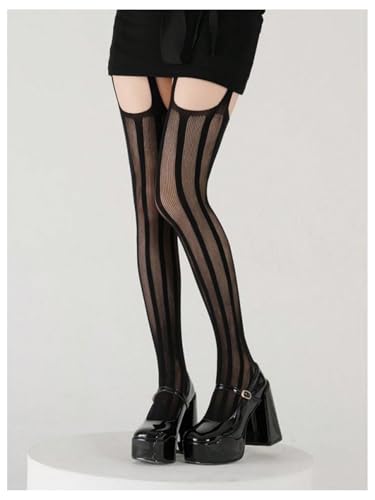 OYOANGLE Women's Striped Fishnet Suspender Stockings Party Club Sheer Tights Pantyhose2