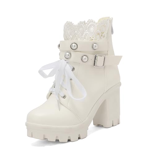 Image of FOREADA Goth Boots Chunky Heel Boot For Women Ankle Combat Booties Black Platform Bootie Buckle Rivets Punk Goth Shoes With Zipper