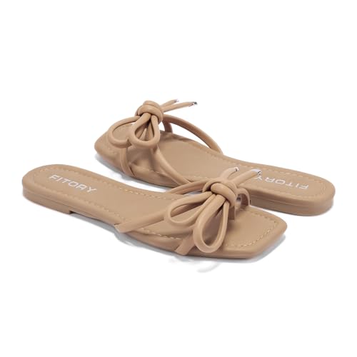 FITORY Women's Flat Sandals Square Open Toe Thong with Cute Knot for Summer Size 6-114
