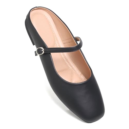 Image of TN TANGNEST Leather Flats for Women Retro Mary Jane Flats | Comfortable Square Toe Slip On Flats with Buckle Strap, Soft Work Flats Office Shoes