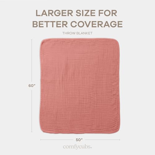 Image of Comfy Cubs Muslin Throw Blanket - 50 inch x 60 inch Quilted Design - Lightweight, Breathable 6-Layer Gauze Fabric - Soft Cotton Blanket for Home or Travel - Packaged in Elegant Gift Box - Dusty Rose