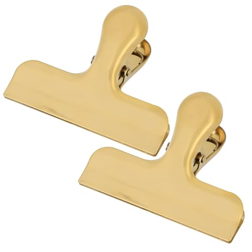 2Pcs Gold Chip Clips 3 Inch Wide Stainless Steel Brass Notebook T Clip Heavy Duty Food Bag Clamp Vintage Retro Hinge File Bill Holder Sealing Air Tight Clips Modern Kitchen Office Accessories