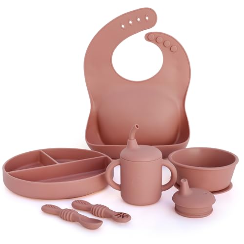 Image of Little Loon Baby Led Weaning Starter Set – Complete Silicone Feeding Kit for 6+ Months - Baby Plates, Bibs, Spoons & Sippy Cup - Baby Shower Gifts - Rose