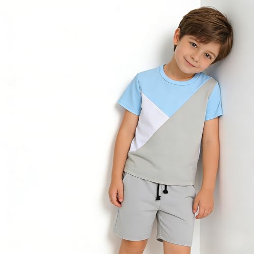 Image of Ayzozuy Boy Clothes Colorblock Top + Drawstring Waist Shorts 2 Pieces Kid Summer Outfits Set