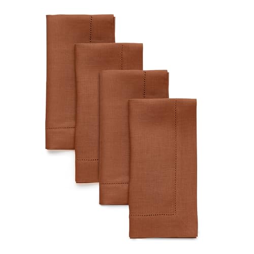 Solino Home 100% Pure Linen Hemstitch Dinner Napkins - 20 x 20 Inch, Cinnamon Set of 4, European Flax, Natural Fabric Machine Washable Classic Hemstitch - Handcrafted with Mitered Corners