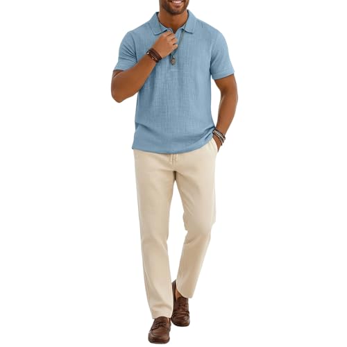 Polo casual de hombre manga corta con cuello clásico de mezcla algodón-lino, fresco y transpirable para verano miniatura 5