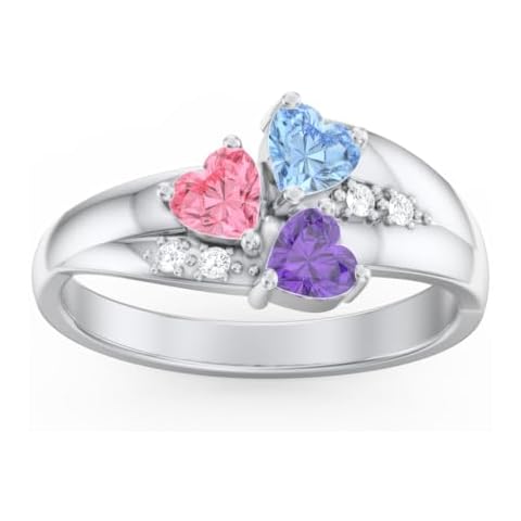 PaulaMax Jewelry Mothers Ring with 3 Birthstones, Custom Birthstone Ring for Women in Sterling Silver or White Gold, Personalized 3 Heart Birthstones, Sizes 5-12 Cover