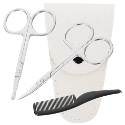 SMASOLO Set 4 Pezzi Forbici Per Barba e Baffi in Acciaio Resistente Antiruggine Custodia in Pelle Bianca e Pettine Piccolo Per Rifinire e Curare Barba Naso Uso Professionale e Fai Da Te