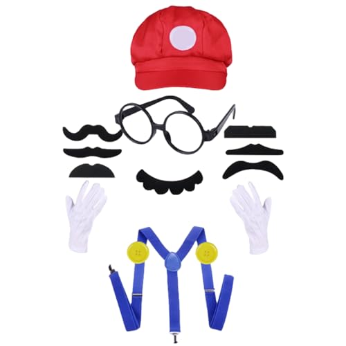 Ya en mundofriki.es: MUNSKT Disfraz de Mario Luigi con sombrero de Mario rojo/verde con 7 bigotes adhesivos, guantes, botones y gafas, traje de cosplay para adultos, decoración de fiesta de carnaval de Halloween (rojo)